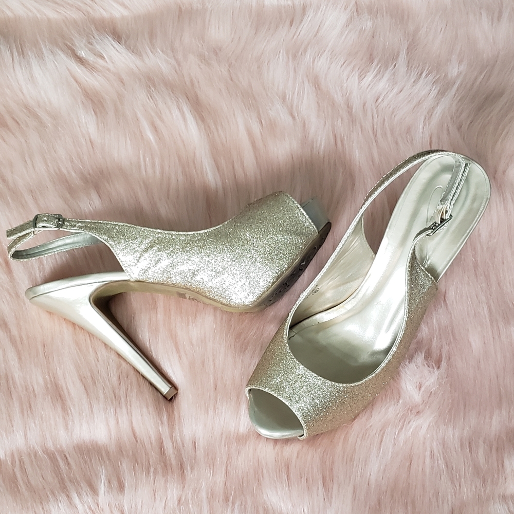 Gold platform sling back heels